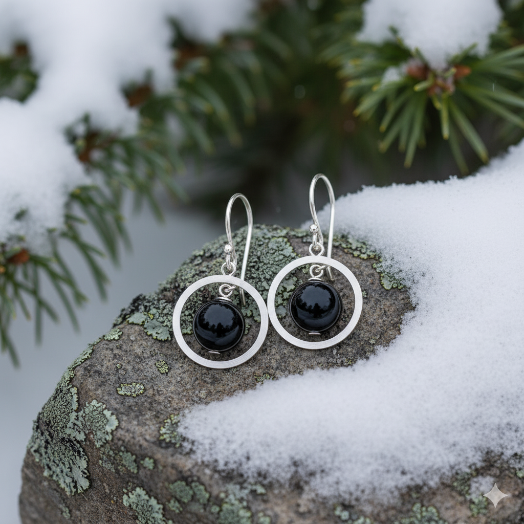 Geometrik Küre Obsidyen Küpeler